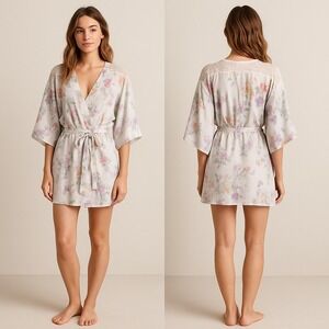 Linea Donatella Floral Kimono Robe S/M Lace Trim Wrap Sheer Lightweight Romantic